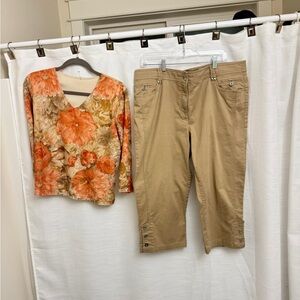 14  2 piece set Tan Cropped Pants with 🍑 peach & cream and tan floral top 14